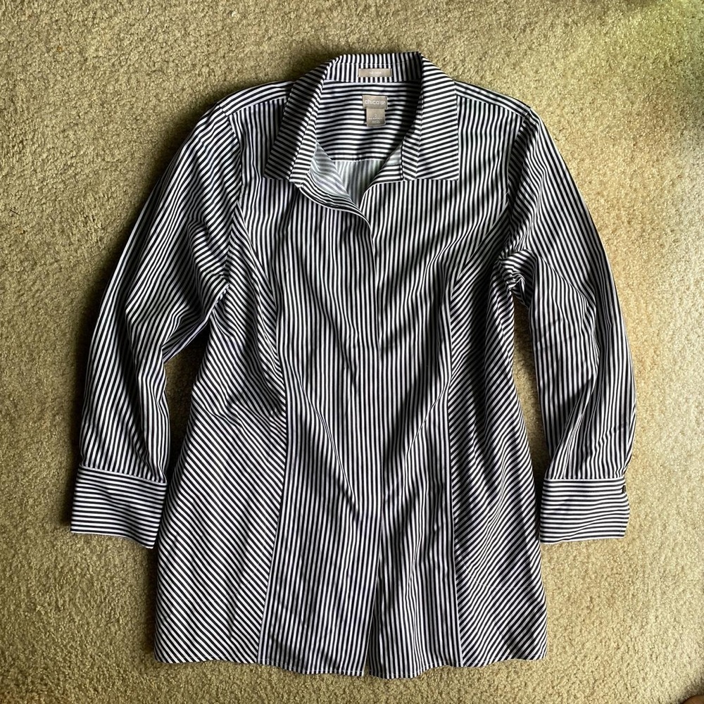 Chico's white and black striped cotton button-up shirt US Size 12/14 - Picture 1 of 8